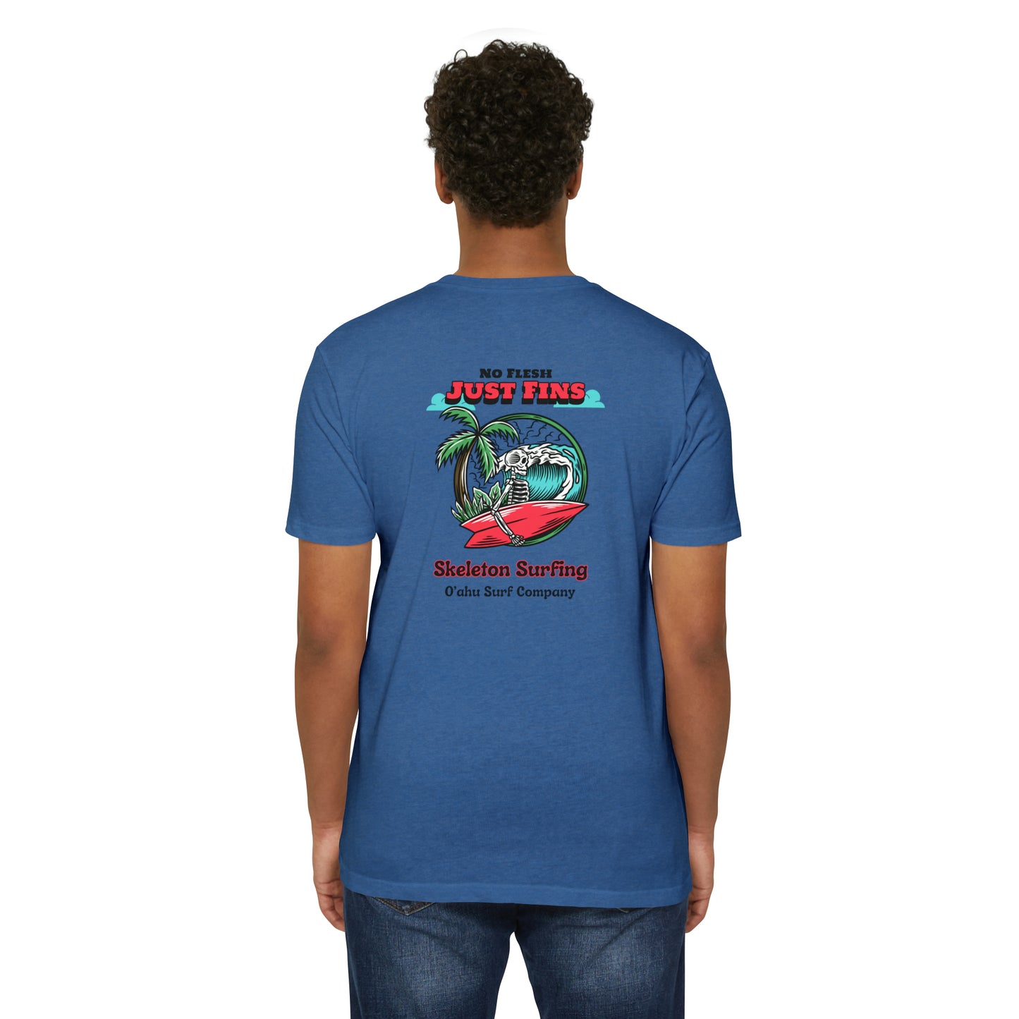 O'ahu Surf Company Skeleton No Flesh Just Fins Surfer T-shirt. Hawaii Surf Shirt. Hawaii Surf T Shirts.