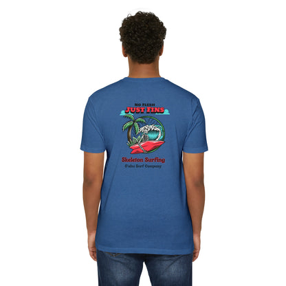 O'ahu Surf Company Skeleton No Flesh Just Fins Surfer T-shirt. Hawaii Surf Shirt. Hawaii Surf T Shirts.