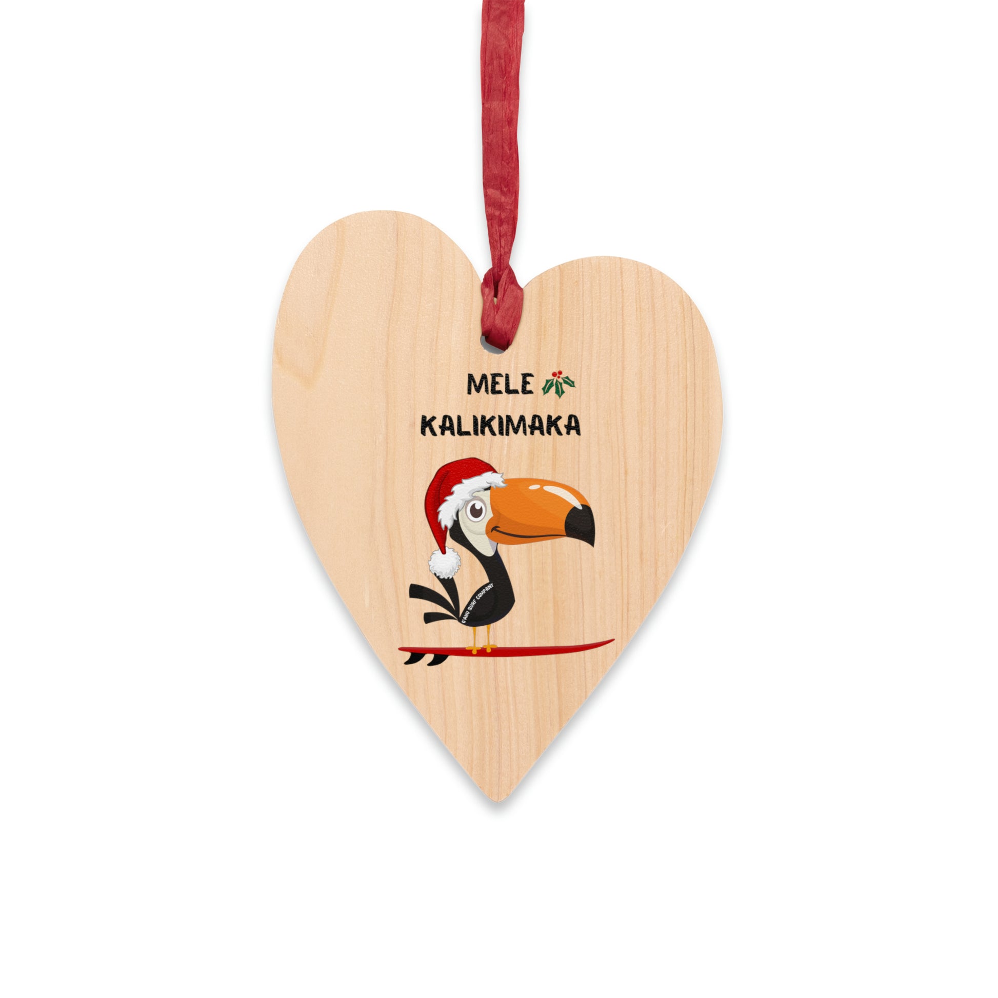 O'ahu Surf Company Surfboards at Sunset Wooden Ornament. Christmas tree ornament featuring a surfing toucan.