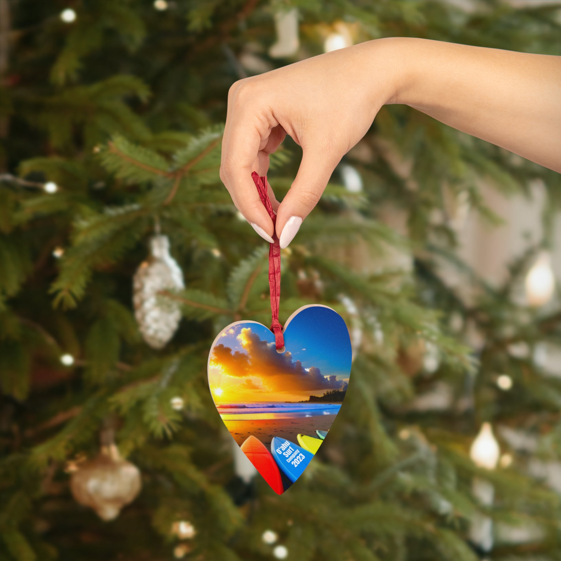 O'ahu Surf Company Surfboards at Sunset Wooden Ornament. Christmas tree ornament featuring surfboards on the beach.