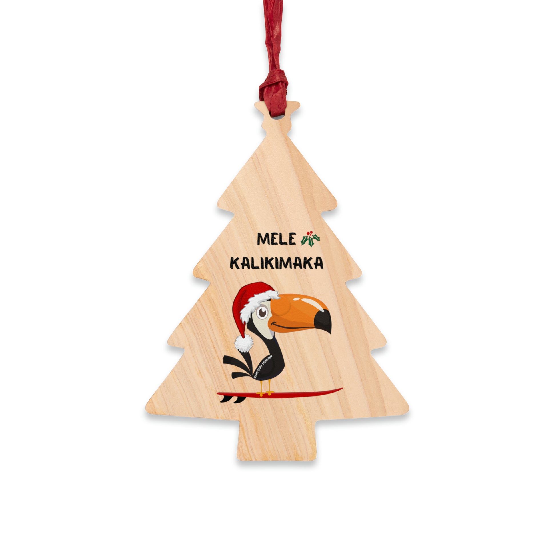 O'ahu Surf Company Surfboards at Sunset Wooden Ornament. Christmas tree ornament featuring a surfing toucan.