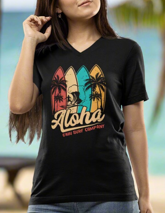 Aloha Tropical Island Beach Surfboard V - Neck T - Shirt - O'ahu Surf Company