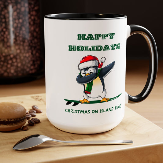 Fun Christmas Mug Great Holiday Gift Featuring Surfing Penguin - O'ahu Surf Company