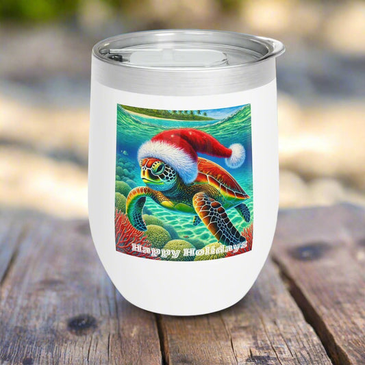 Happy Holidays Sea Turtle Christmas Wine Tumbler 12oz - O'ahu Surf Company