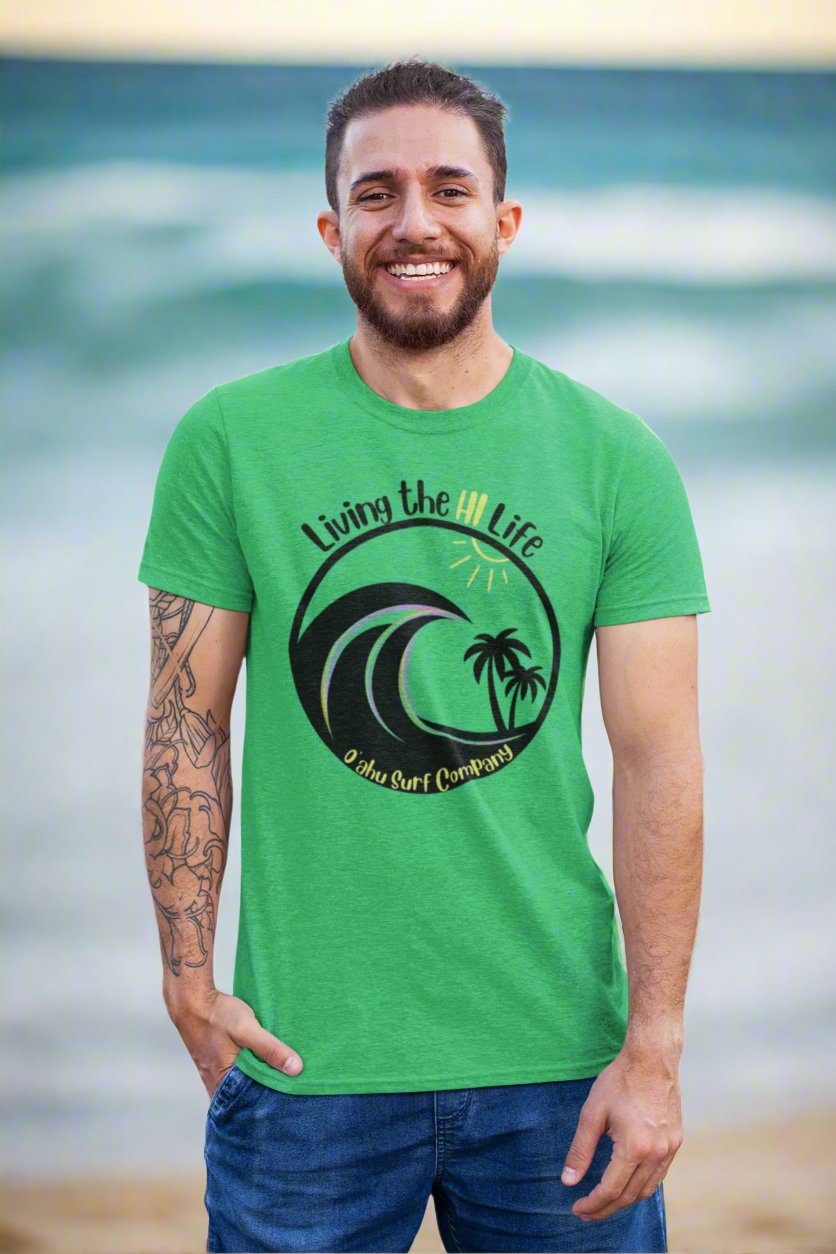 Living the HI Life Hawaii Surf T Shirt Tropical Island Vibes - O'ahu Surf Company