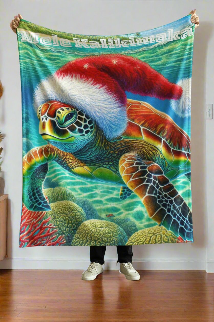 Mele Kalikimaka Hawaii Sea Turtle Fleece Blanket - Christmas Holiday Throw - O'ahu Surf Company