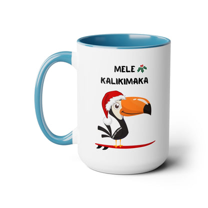 Mele Kalikimaka Toucan Surfing Two - Tone Coffee Mug - Hawaii Christmas Holiday Coffee Cup - O'ahu Surf Company