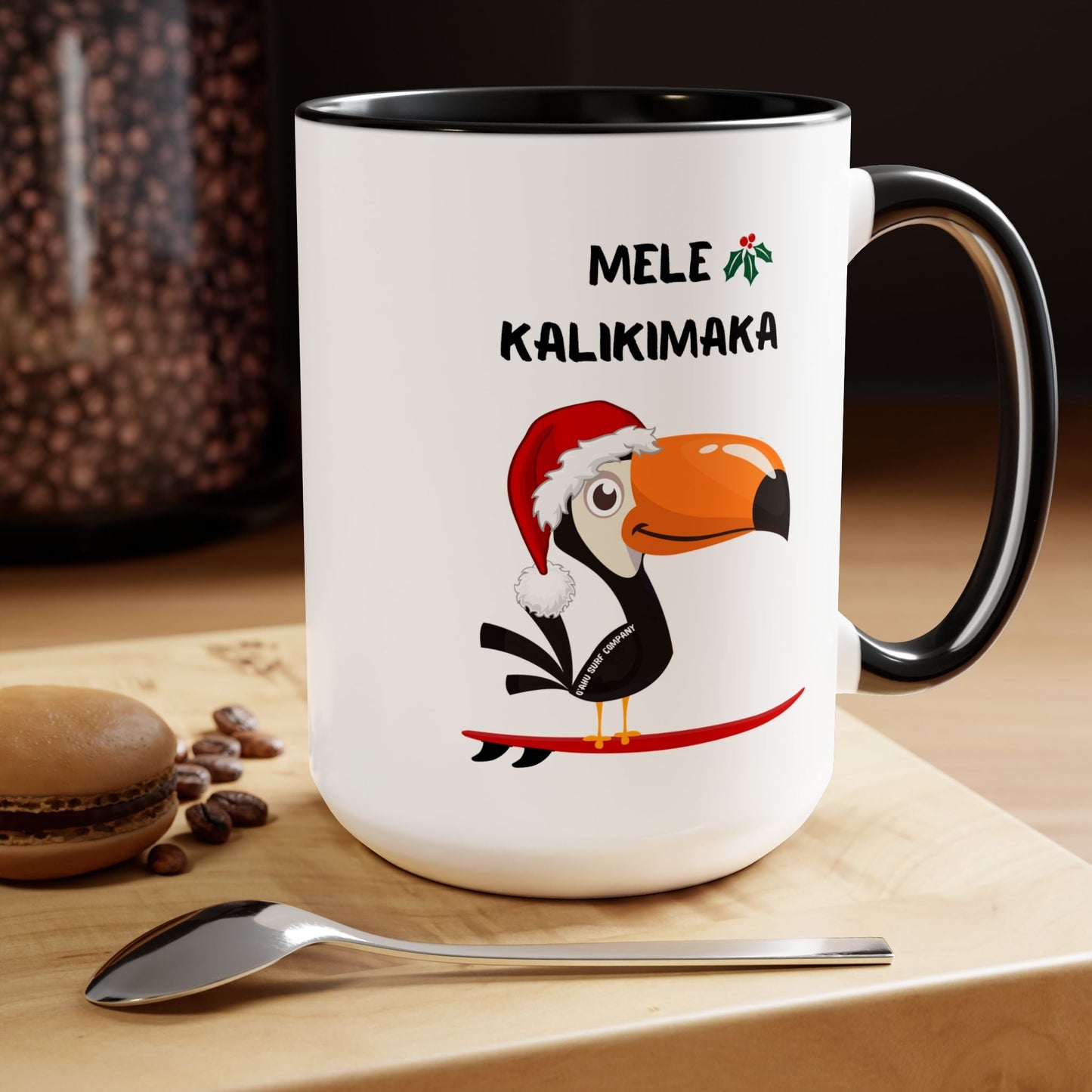 Mele Kalikimaka Toucan Surfing Two - Tone Coffee Mug - Hawaii Christmas Holiday Coffee Cup - O'ahu Surf Company