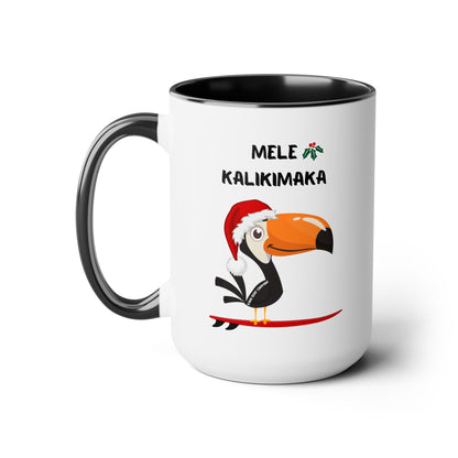 Mele Kalikimaka Toucan Surfing Two - Tone Coffee Mug - Hawaii Christmas Holiday Coffee Cup - O'ahu Surf Company