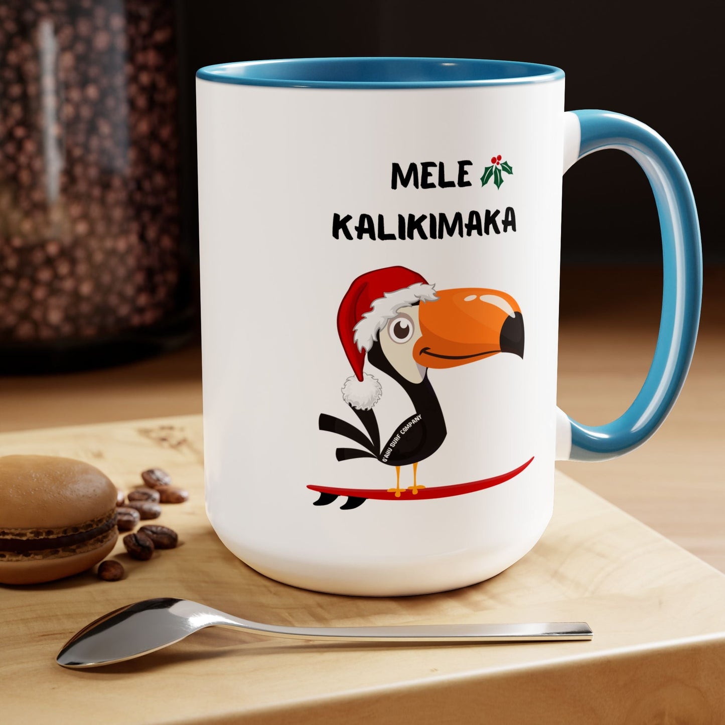 Mele Kalikimaka Toucan Surfing Two - Tone Coffee Mug - Hawaii Christmas Holiday Coffee Cup - O'ahu Surf Company