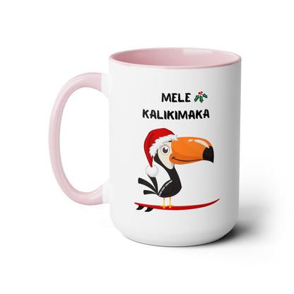 Mele Kalikimaka Toucan Surfing Two - Tone Coffee Mug - Hawaii Christmas Holiday Coffee Cup - O'ahu Surf Company