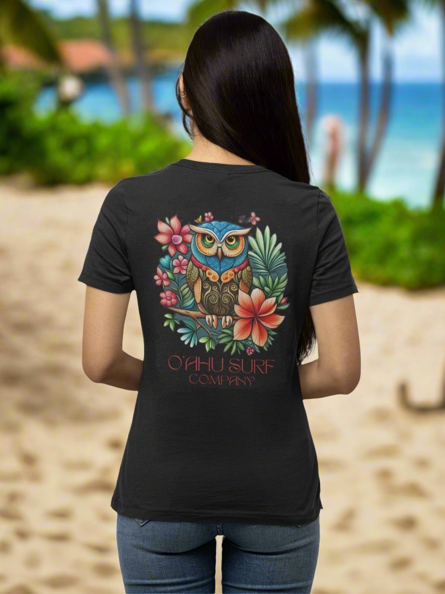 O'ahu Surf Company Owl Tropical Flowers V - Neck T-Shirt - O'ahu Surf Company