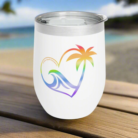 Rainbow Heart Wave Hawaii Wine Tumbler 12oz - O'ahu Surf Company