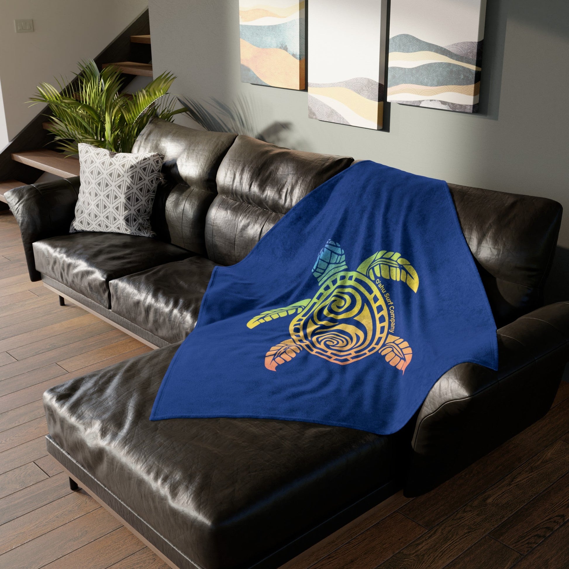 Rainbow Honu Green Sea Turtle Throw Blanket - Dark Blue - O'ahu Surf Company