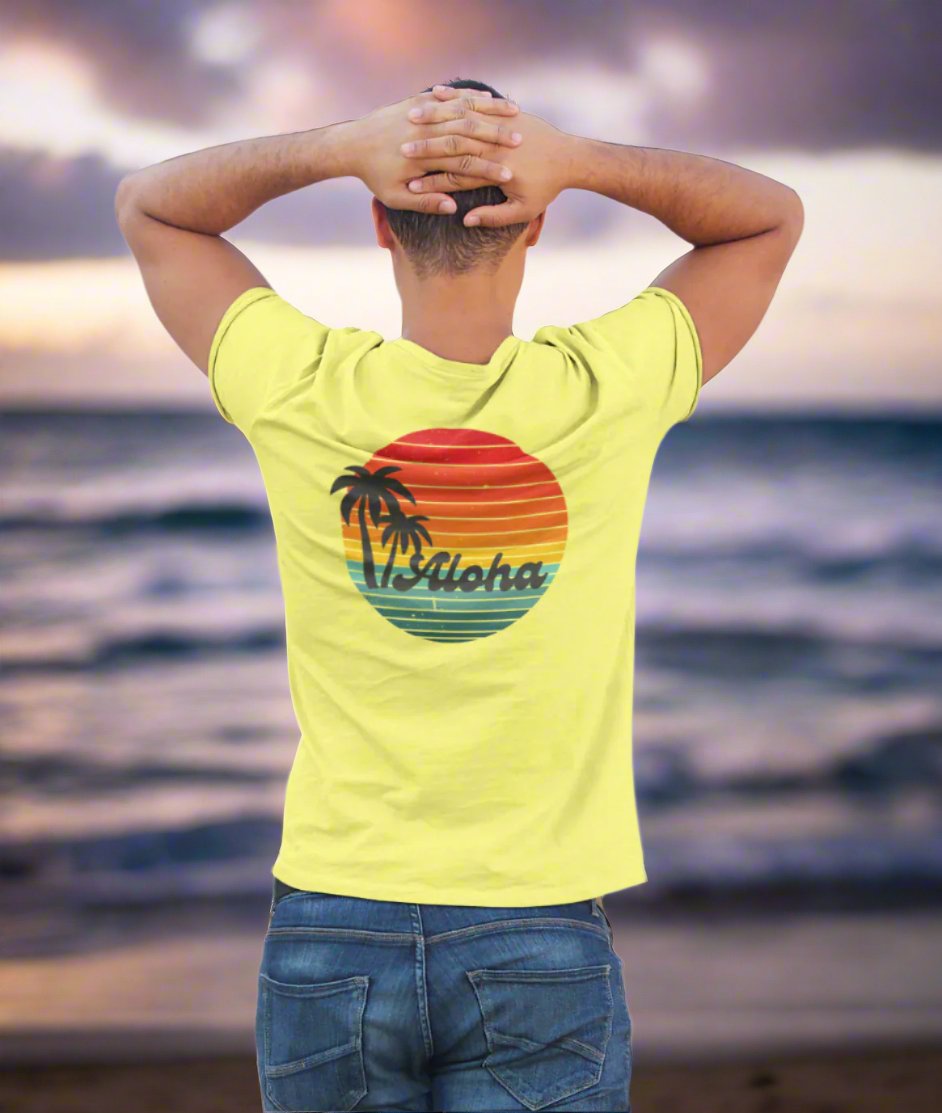 O ahu Surf Company Retro Aloha Sunset T Shirt Island Vibes Comfort and Classic Vintage Old School Surf Style Yellow 2XL