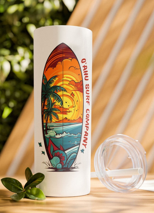 Tropical Beach Surfboard Skinny Tumbler with Straw 20oz - O'ahu Surf Company