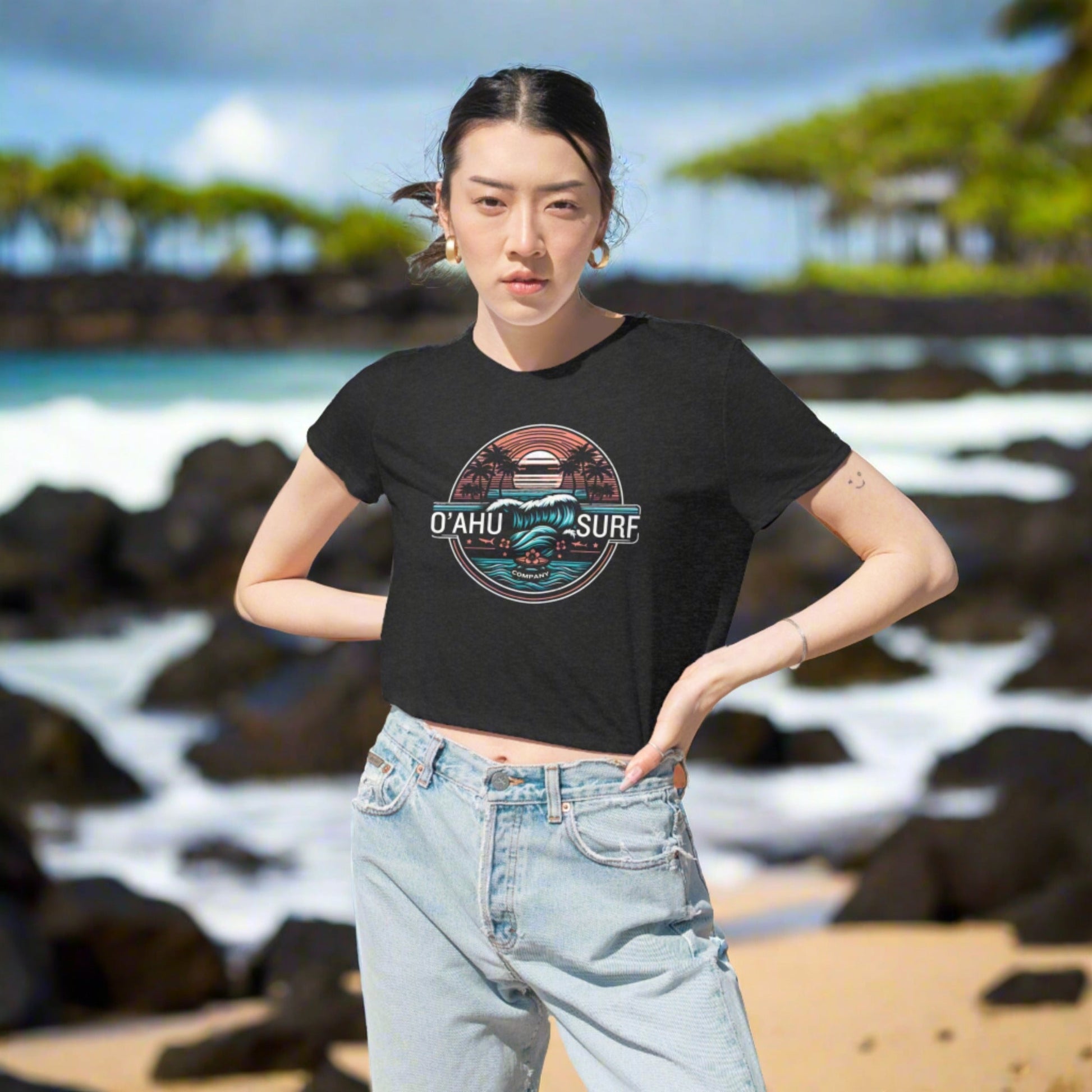 Women's Honolulu Hawaii Coastal Island Sunny Day Flowy Cropped Tee - O'ahu Surf Company