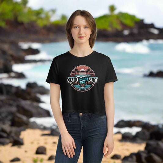 Women's Honolulu Hawaii Coastal Island Sunny Day Flowy Cropped Tee - O'ahu Surf Company