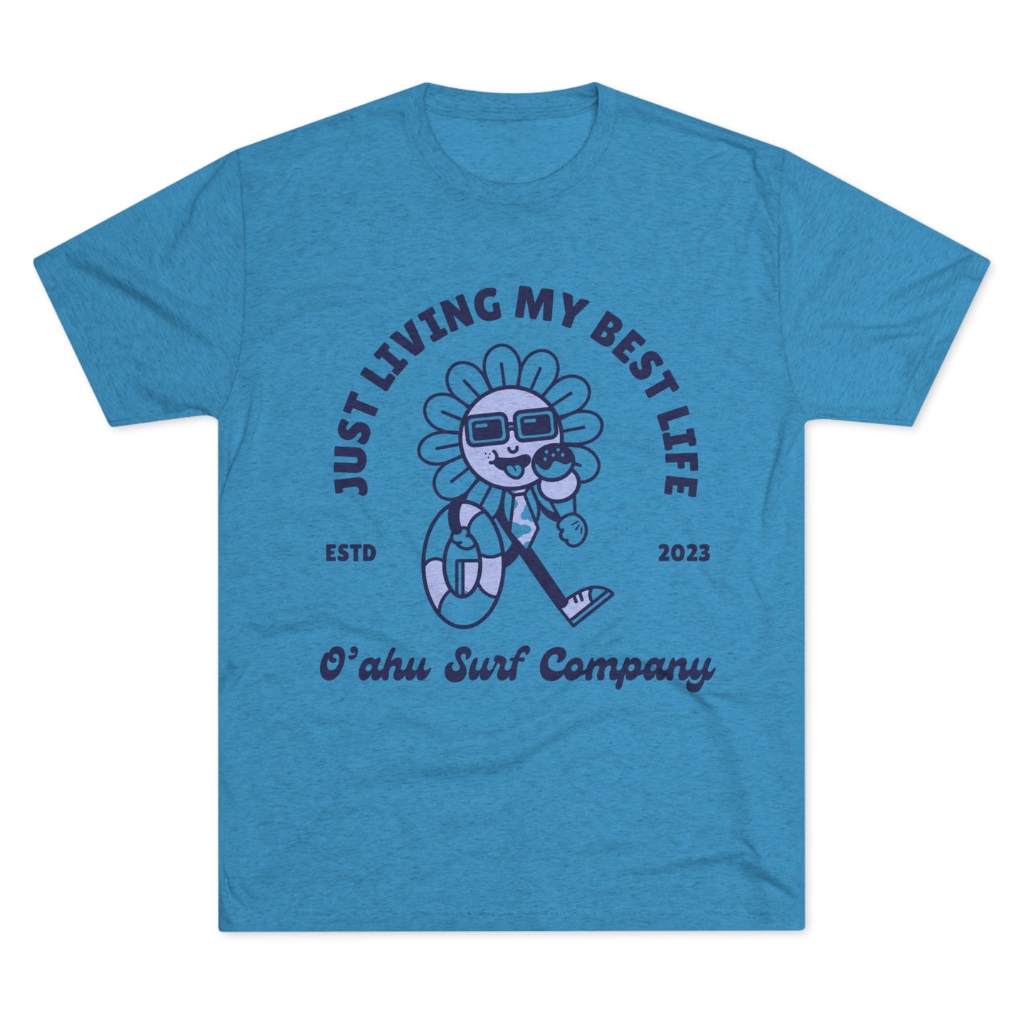 Oahu Surf Company Hawaii tshirt with a cartoon character wearing sunglasses, eating an ice cream. Summer fun Surf culture.