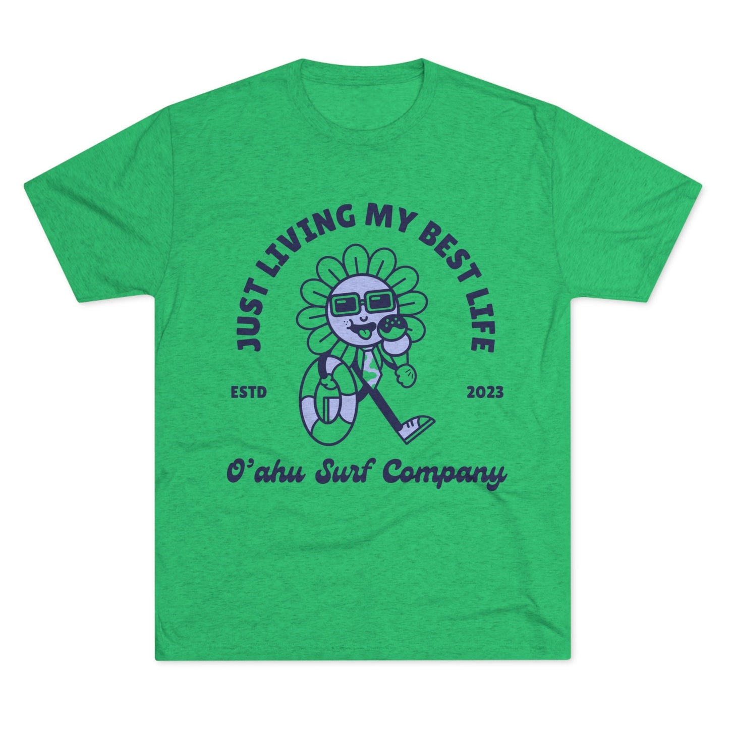 Oahu Surf Company Hawaii tshirt with a cartoon character wearing sunglasses, eating an ice cream. Summer fun Surf culture.