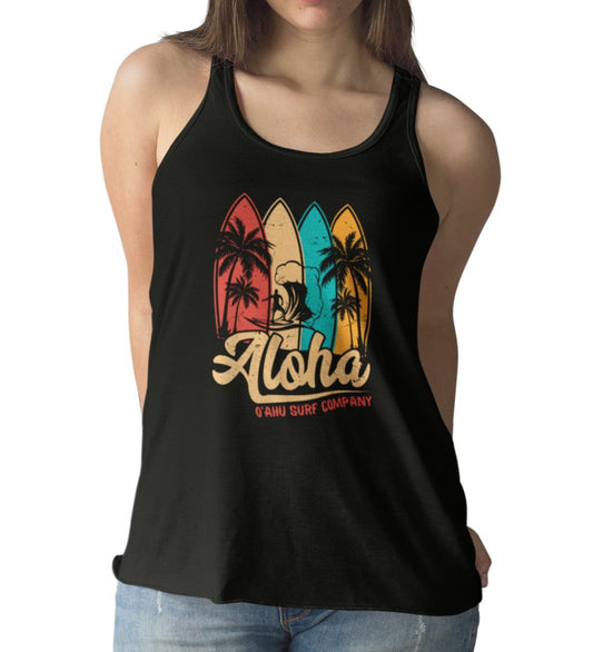 Oahu Hawaii Aloha Surfboard Flowy Racerback Women's Tank - O'ahu Surf Company