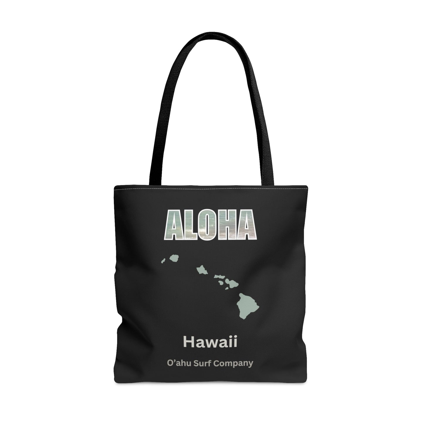 O'ahu Surf Company Aloha Tote Bag - Black. This stylish bag features Aloha and the Hawaiian islands. Perfect travel bag.