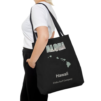 O'ahu Surf Company Aloha Tote Bag - Black. This stylish bag features Aloha and the Hawaiian islands. Perfect travel bag.