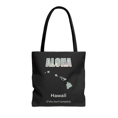 O'ahu Surf Company Aloha Tote Bag - Black. This stylish bag features Aloha and the Hawaiian islands. Perfect travel bag.