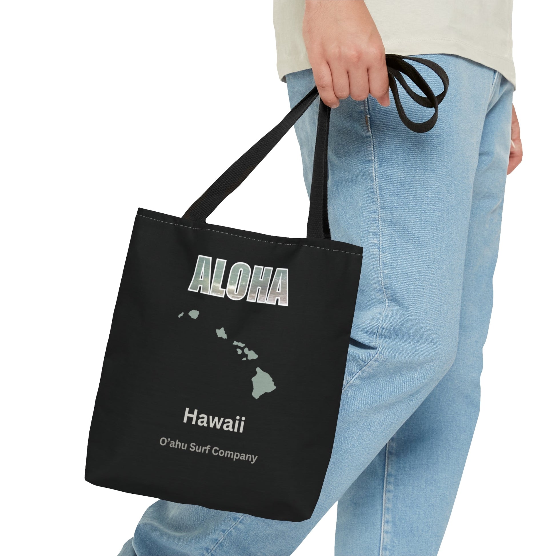 O'ahu Surf Company Aloha Tote Bag - Black. This stylish bag features Aloha and the Hawaiian islands. Perfect travel bag.