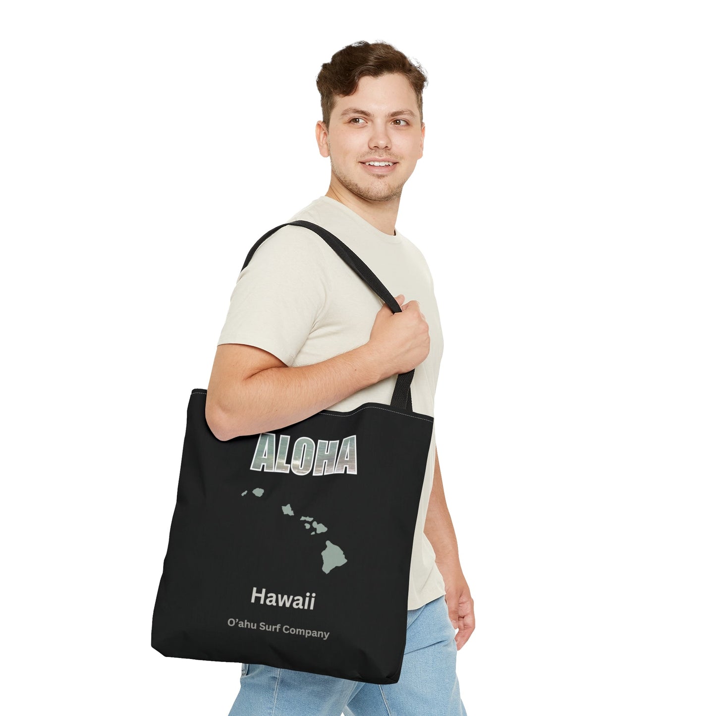 O'ahu Surf Company Aloha Tote Bag - Black. This stylish bag features Aloha and the Hawaiian islands. Perfect travel bag.