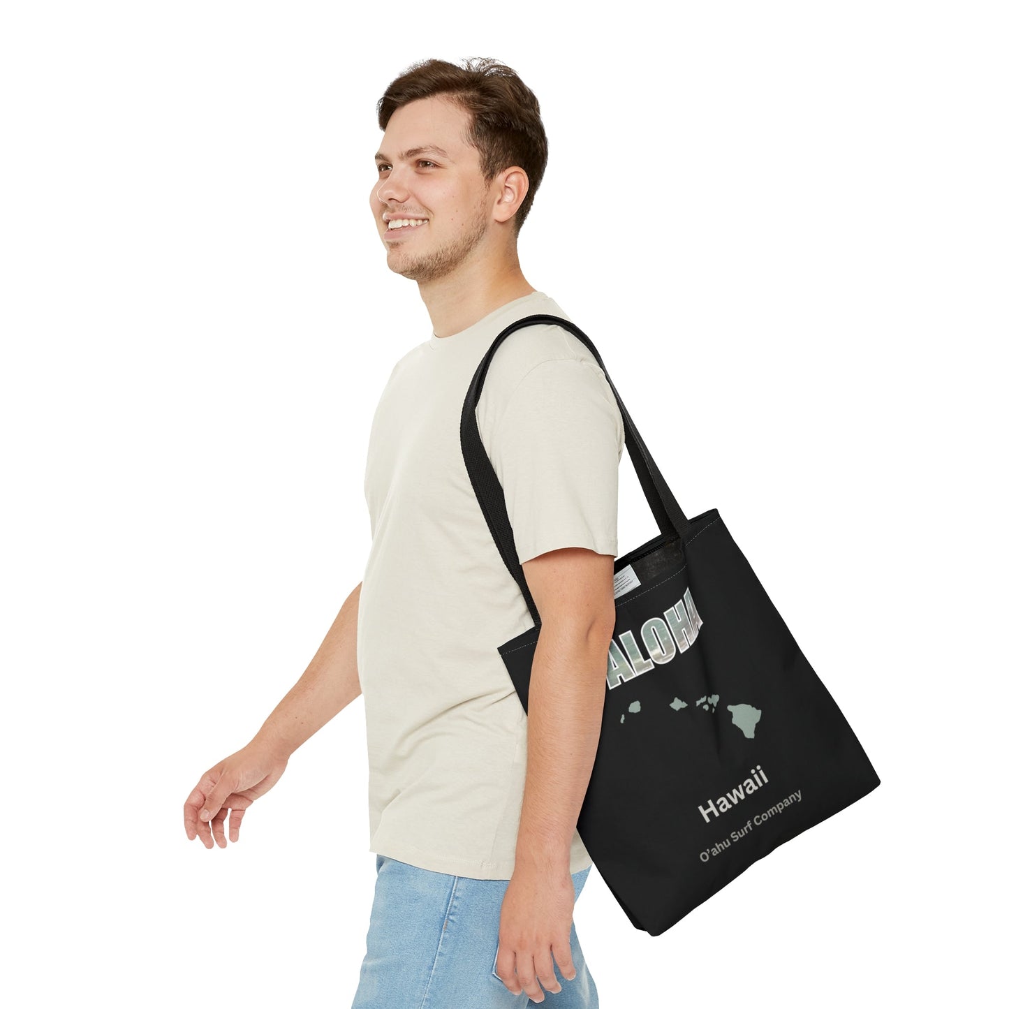 O'ahu Surf Company Aloha Tote Bag - Black. This stylish bag features Aloha and the Hawaiian islands. Perfect travel bag.