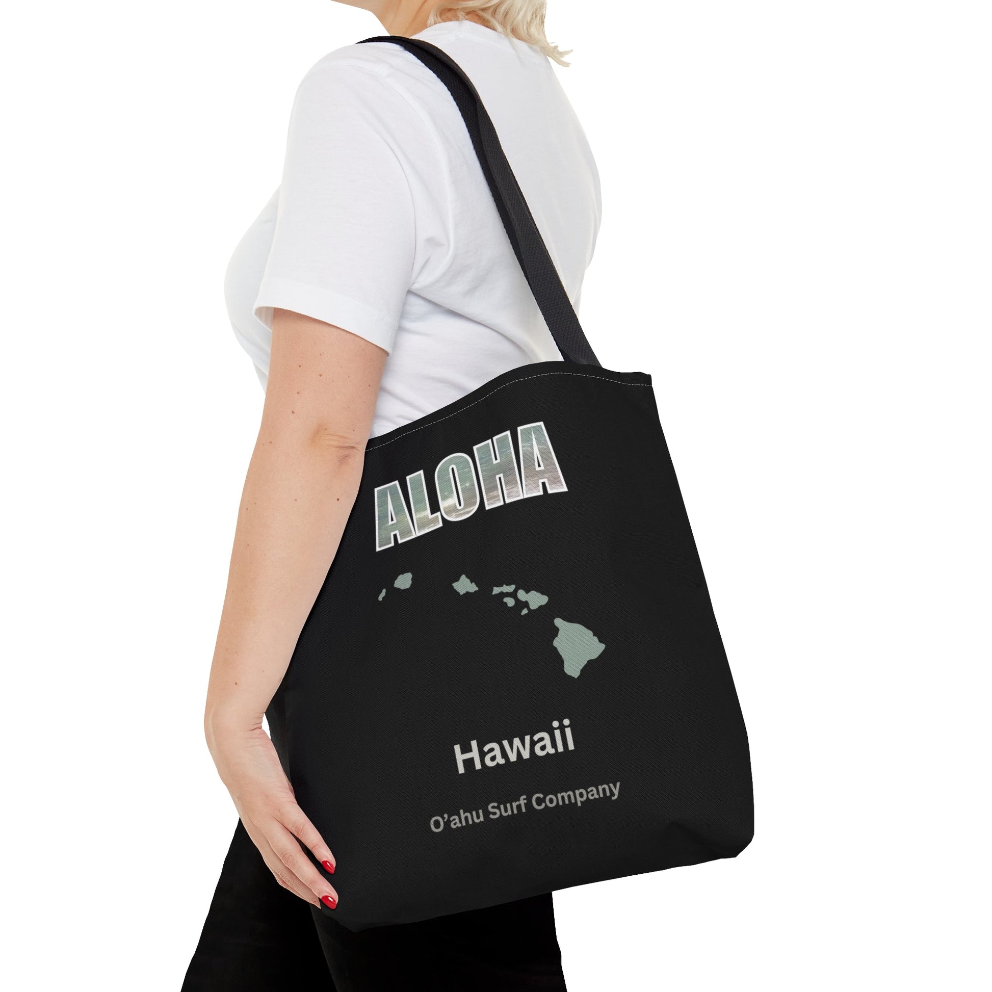 O'ahu Surf Company Aloha Tote Bag - Black. This stylish bag features Aloha and the Hawaiian islands. Perfect travel bag.