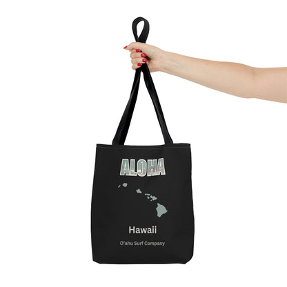 O'ahu Surf Company Aloha Tote Bag - Black. This stylish bag features Aloha and the Hawaiian islands. Perfect travel bag.