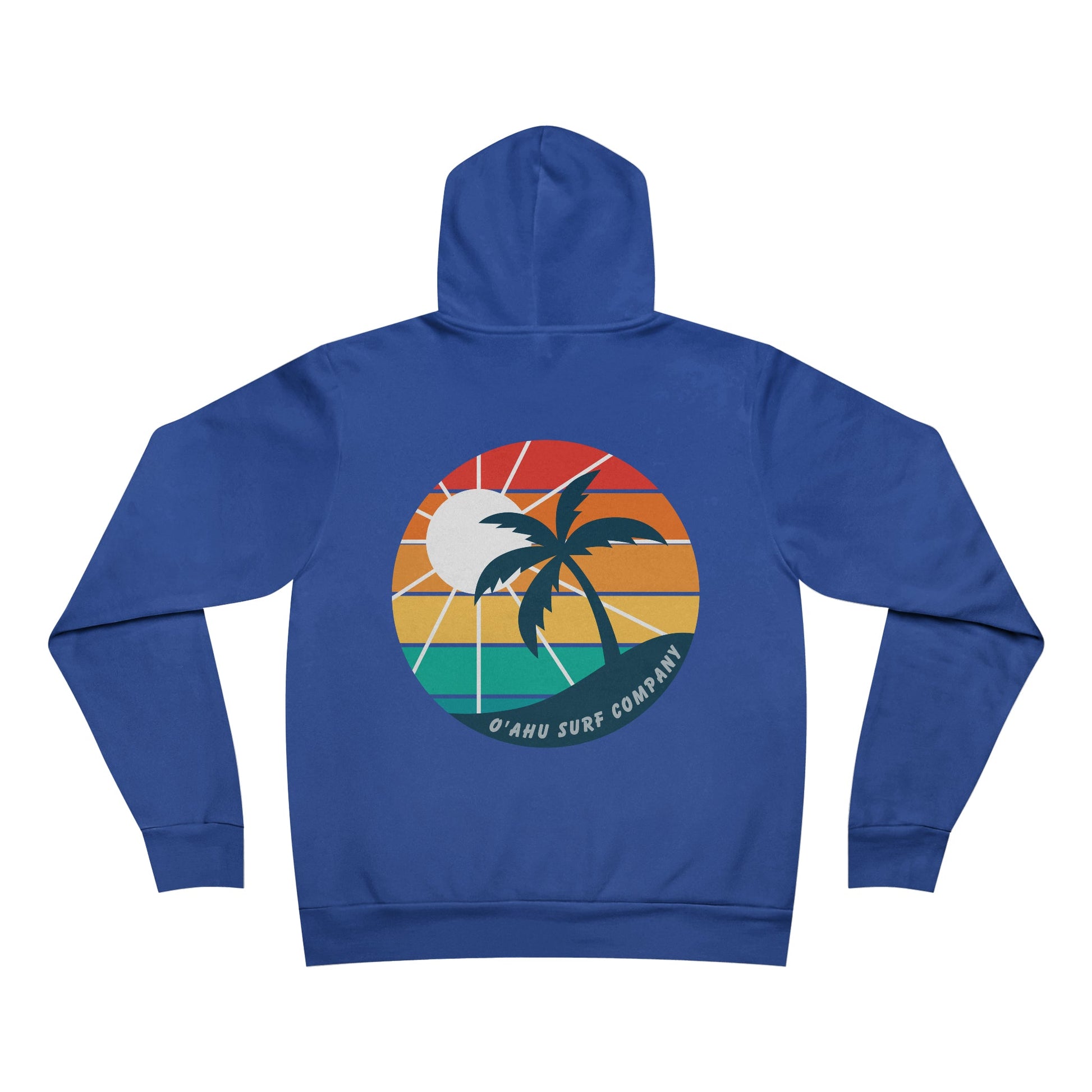 O'ahu Surf Company Island Hooded Sweatshirt True Royal. Logo on front. Tropical island rainbow colors on back.