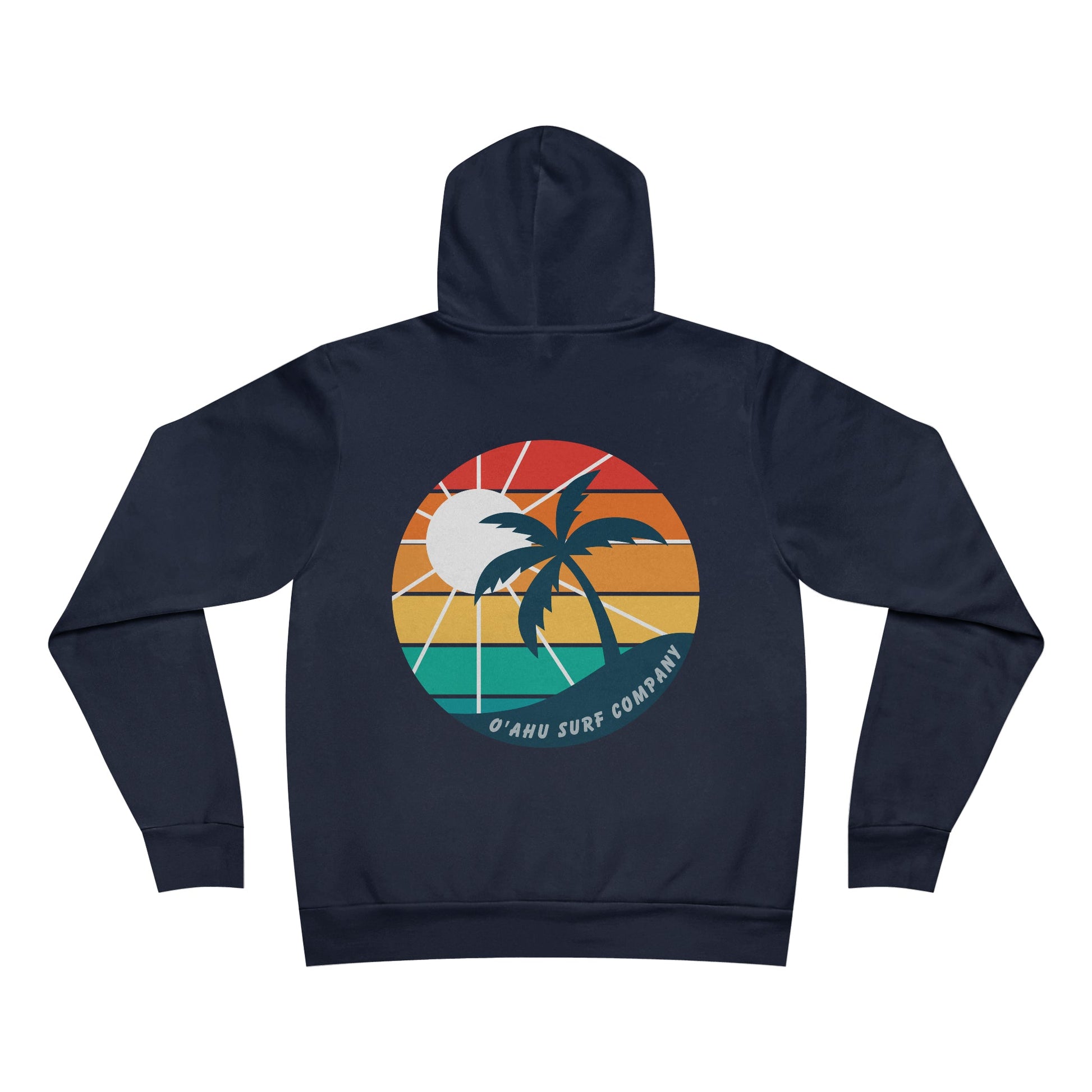 O'ahu Surf Company Island Hooded Sweatshirt Navy. Logo on front. Tropical island rainbow colors on back.