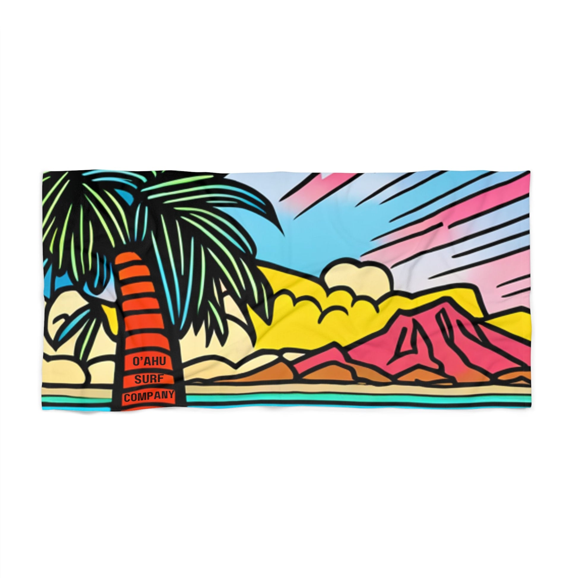 O'ahu Surf Company Palm Beach Towel. 36" × 72". Tropical island beach towel featuring ocean and palm tree. Soft beach towel.