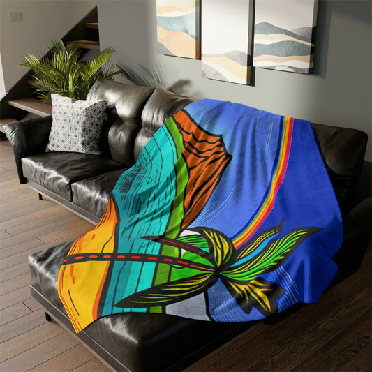 O'ahu Surf Company Rainbow Crater Blanket. Oahu Hawaii Diamond Head Crater throw blanket. With a rainbow over the island.