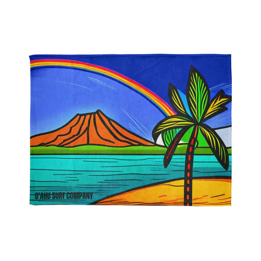 O'ahu Surf Company Rainbow Crater Blanket. Oahu Hawaii Diamond Head Crater throw blanket. With a rainbow over the island.