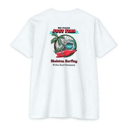 O'ahu Surf Company Skeleton No Flesh Just Fins Surfer T-shirt. Hawaii Surf Shirt. Hawaii Surf T Shirts. CVC White