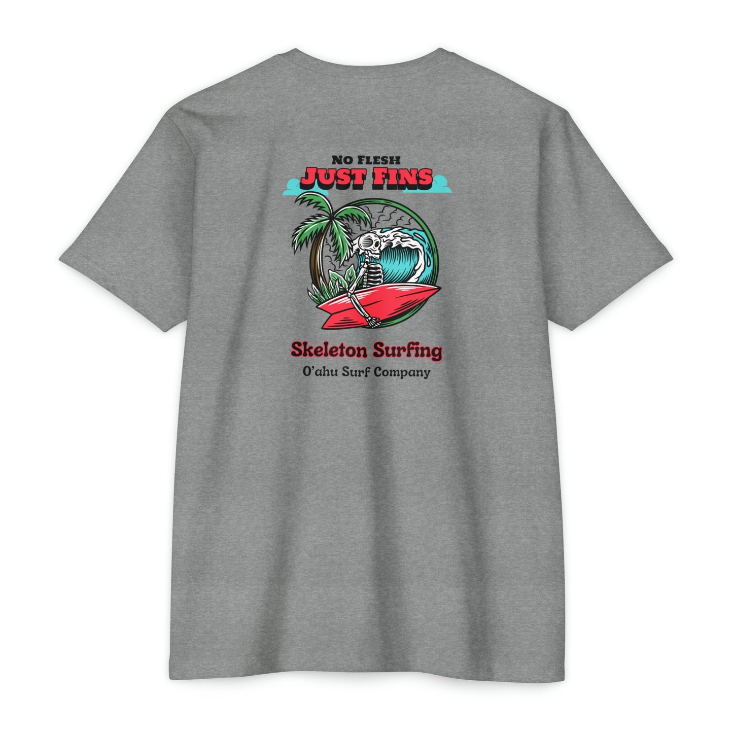 O'ahu Surf Company Skeleton No Flesh Just Fins Surfer T-shirt. Hawaii Surf Shirt. Hawaii Surf T Shirts. Dark Heather Grey