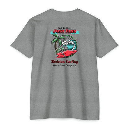 O'ahu Surf Company Skeleton No Flesh Just Fins Surfer T-shirt. Hawaii Surf Shirt. Hawaii Surf T Shirts. Dark Heather Grey