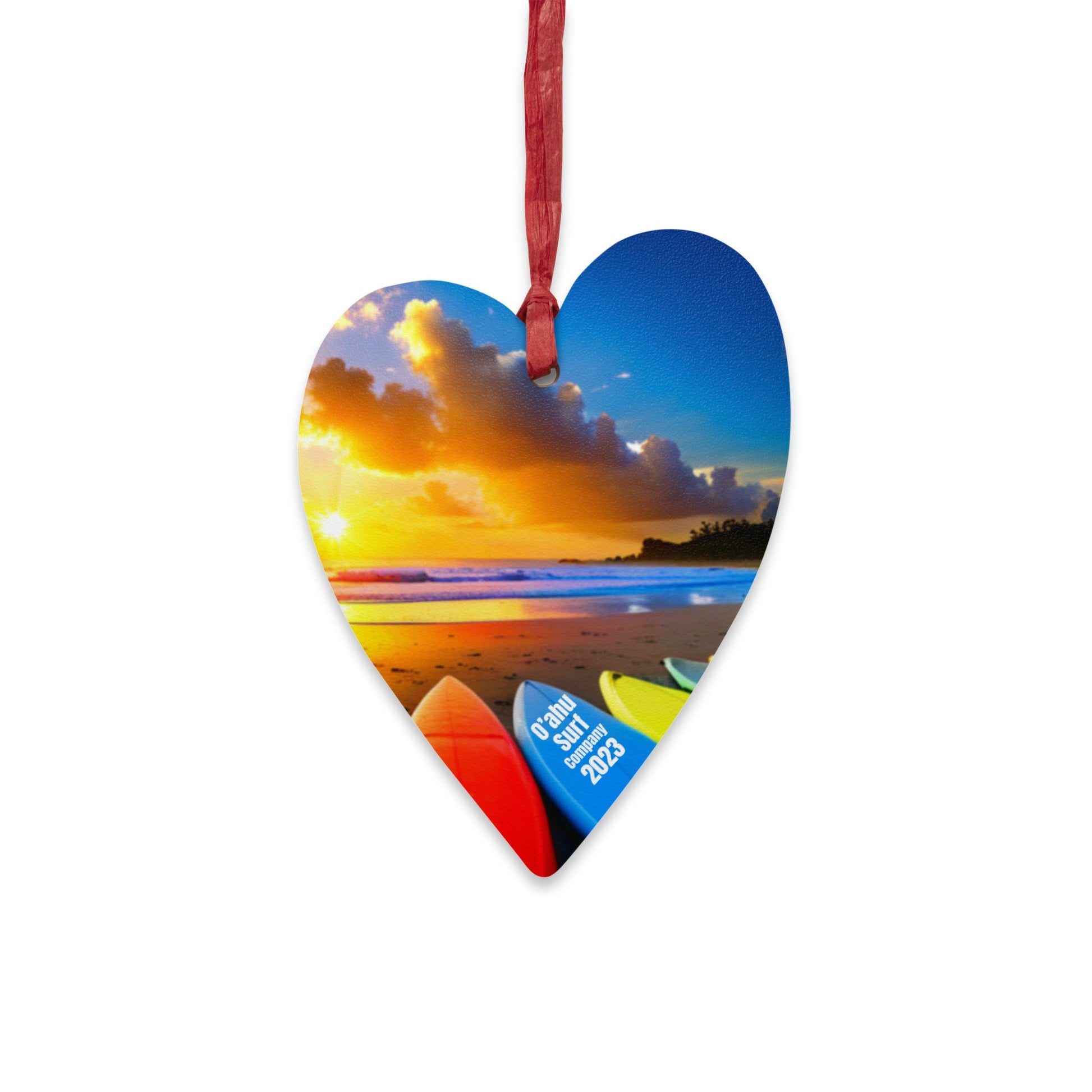 O'ahu Surf Company Surfboards at Sunset Wooden Ornament. Christmas tree heart ornament featuring surfboards on the beach.