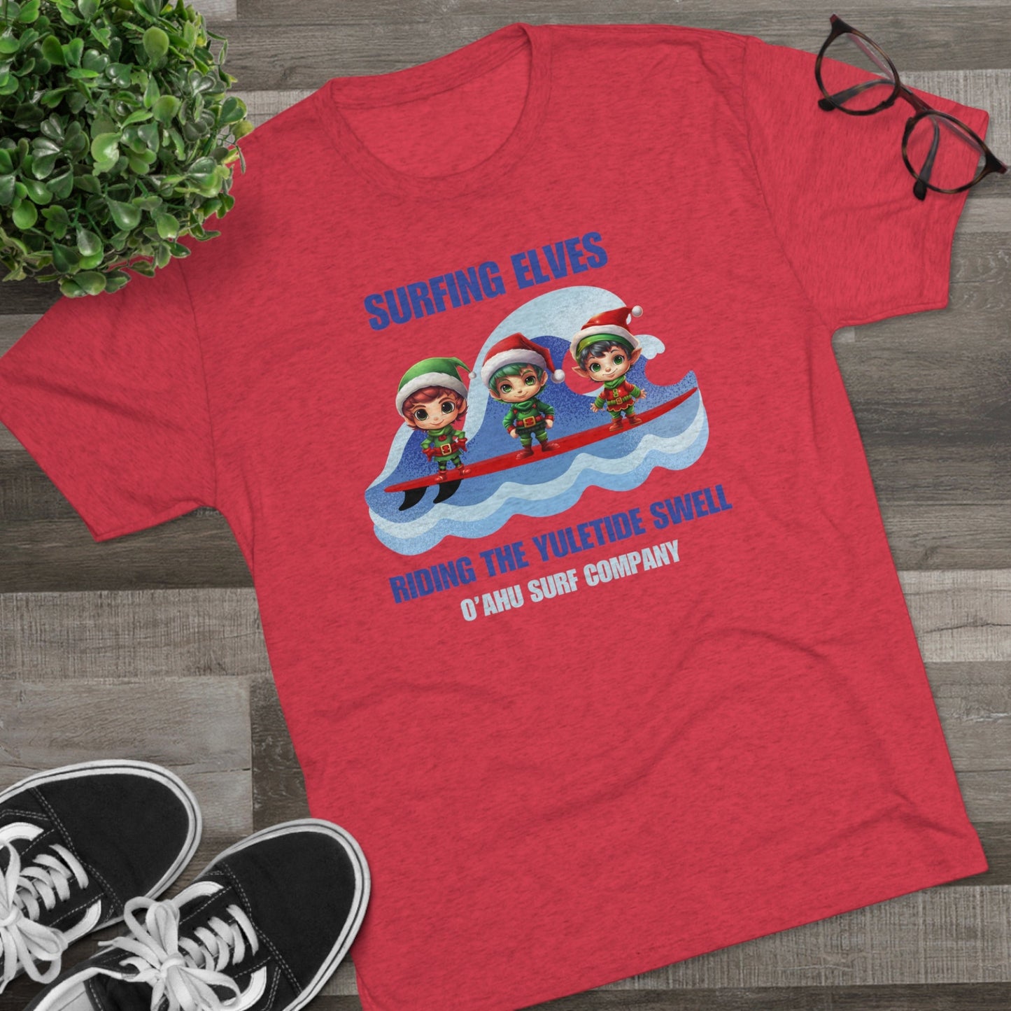 O'ahu Surf Company Surfing Elves Riding the Yuletide Swell T-shirt - O'ahu Surf Company