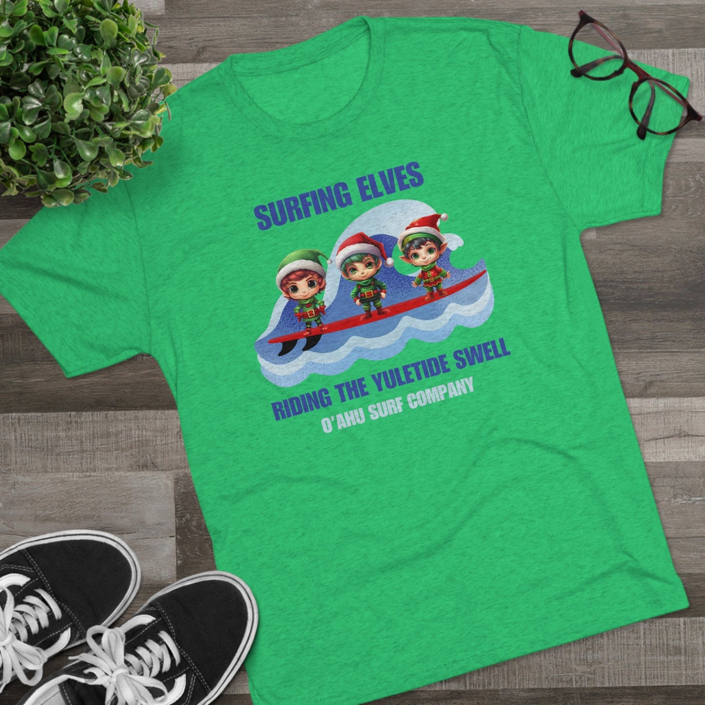 O'ahu Surf Company Surfing Elves Riding the Yuletide Swell T-shirt - O'ahu Surf Company