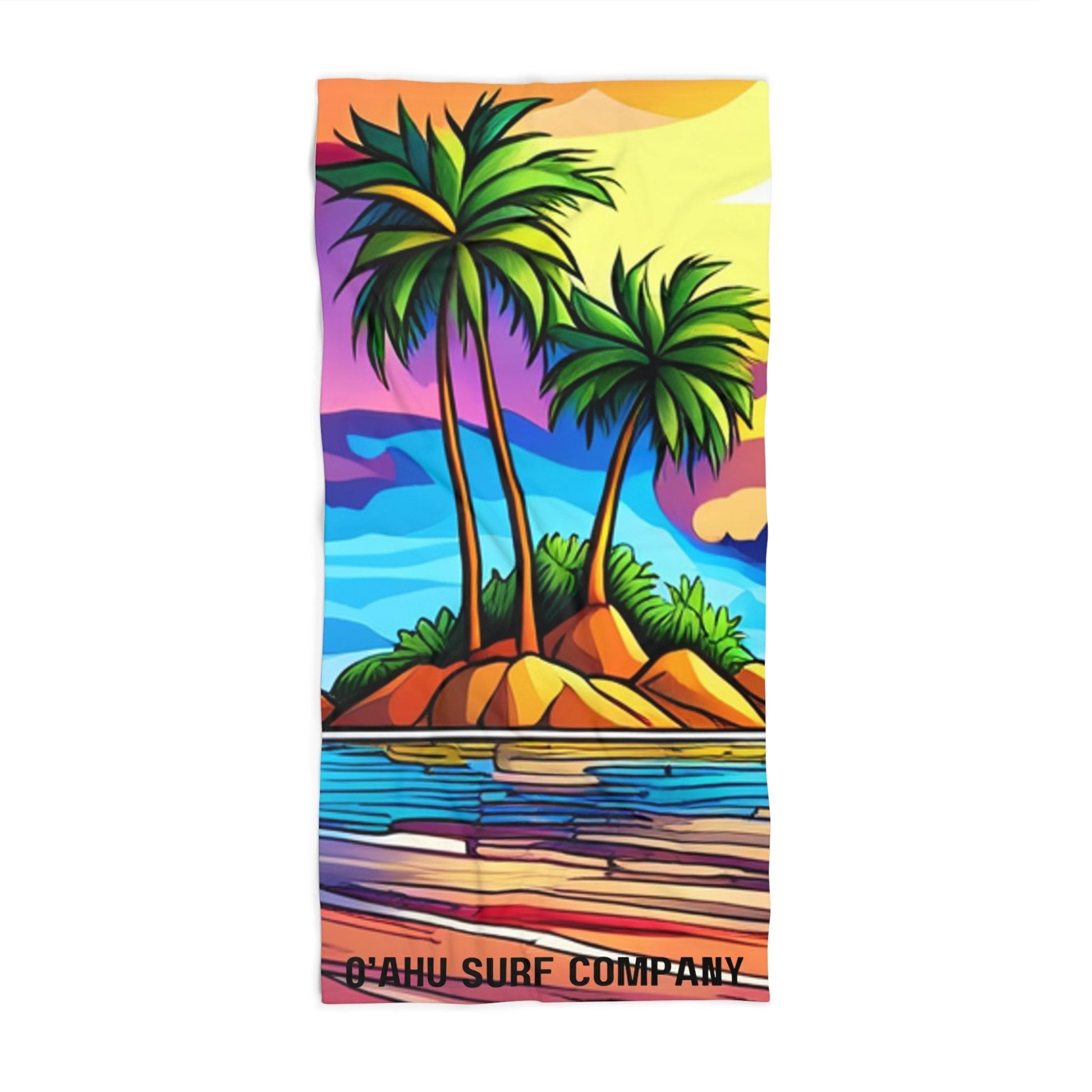 O'ahu Surf Company Tropical Island Beach Towel. Hawaii Beach Towel . Color towel with tropical ocean and palm trees.