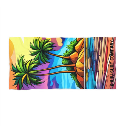 O'ahu Surf Company Tropical Island Beach Towel. Hawaii Beach Towel . Color towel with tropical ocean and palm trees.