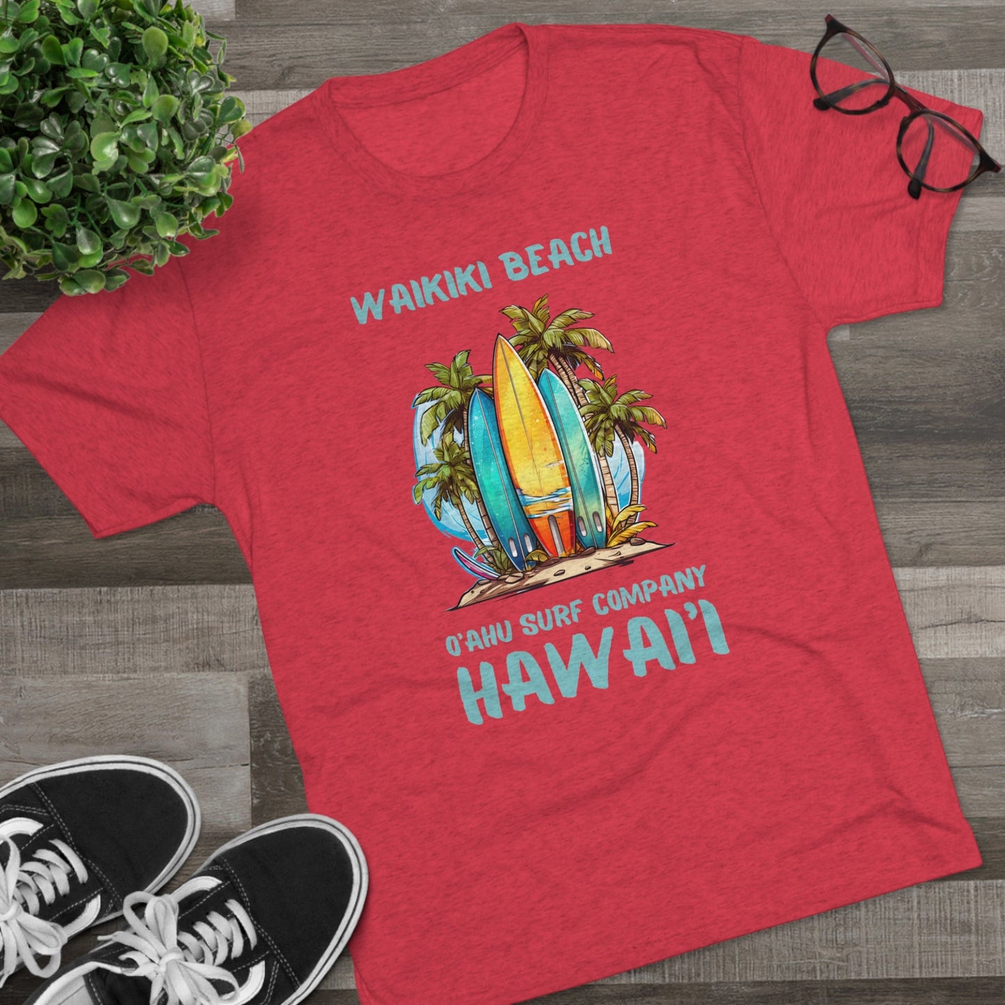 O'ahu Surf Company Waikiki Hawaii Beach Surfboard Palms T-shirt - O'ahu Surf Company