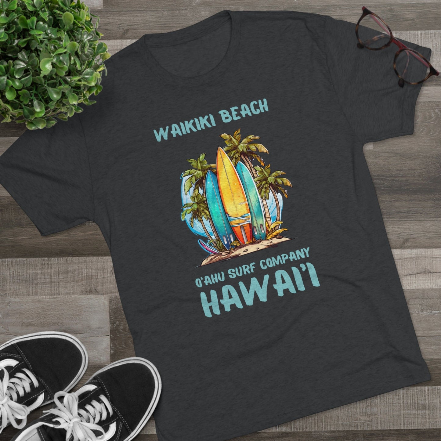 O'ahu Surf Company Waikiki Hawaii Beach Surfboard Palms T-shirt - O'ahu Surf Company