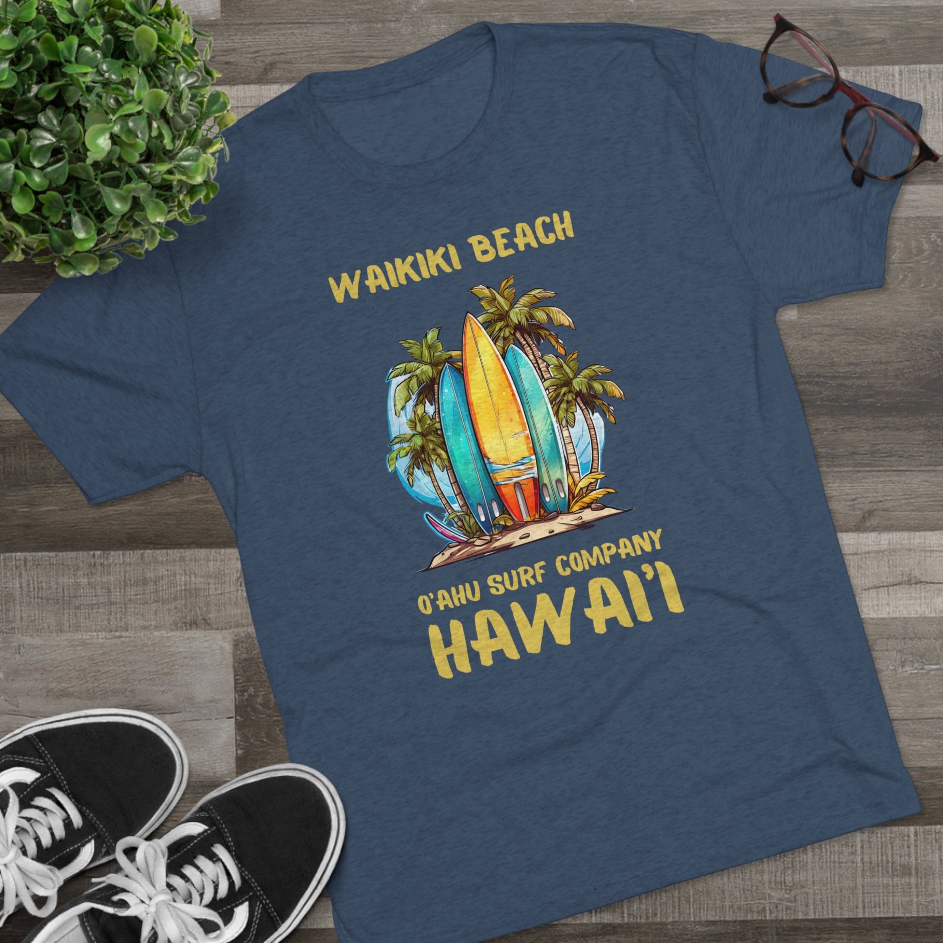 O'ahu Surf Company Waikiki Hawaii Beach Surfboard Palms T-shirt - O'ahu Surf Company