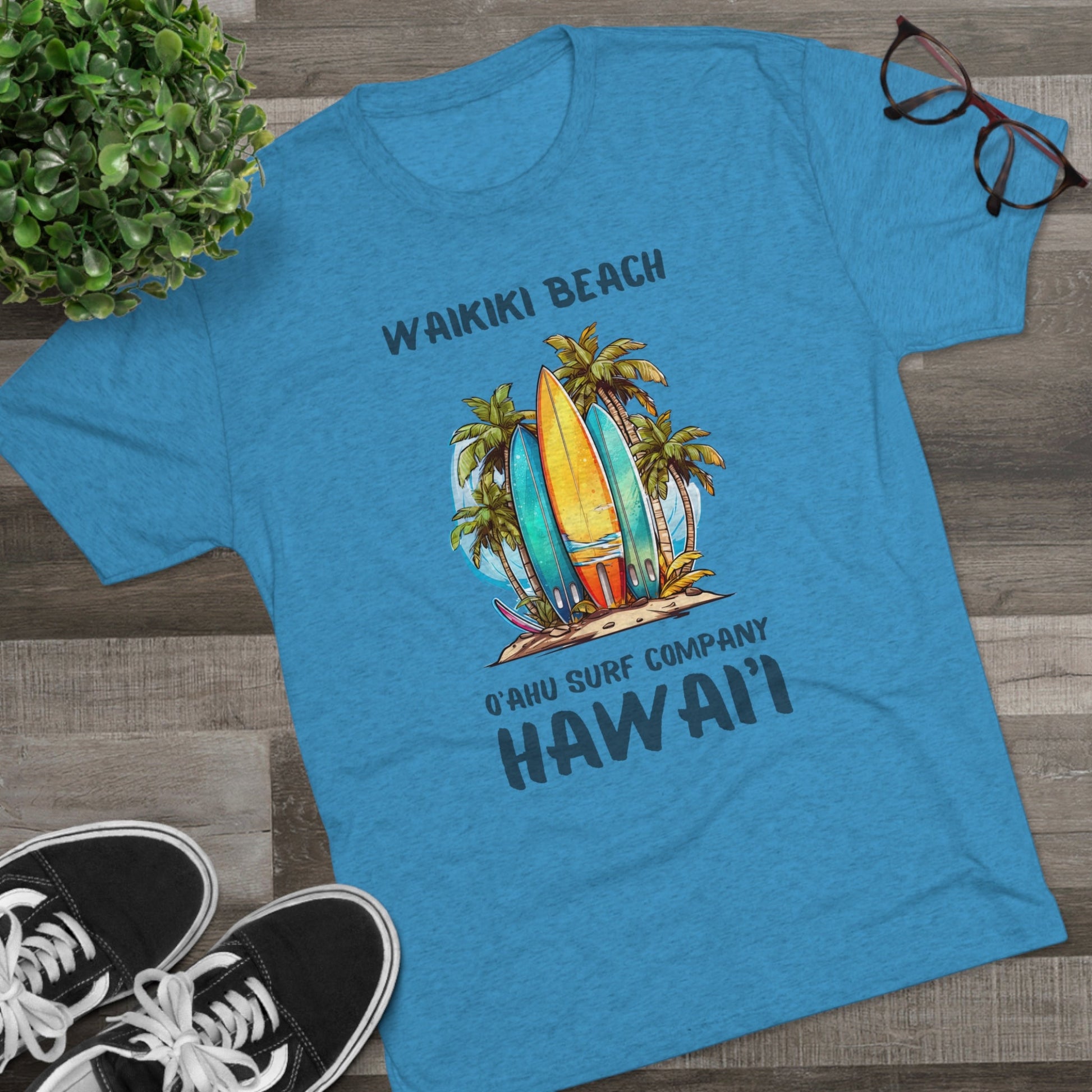 O'ahu Surf Company Waikiki Hawaii Beach Surfboard Palms T-shirt - O'ahu Surf Company